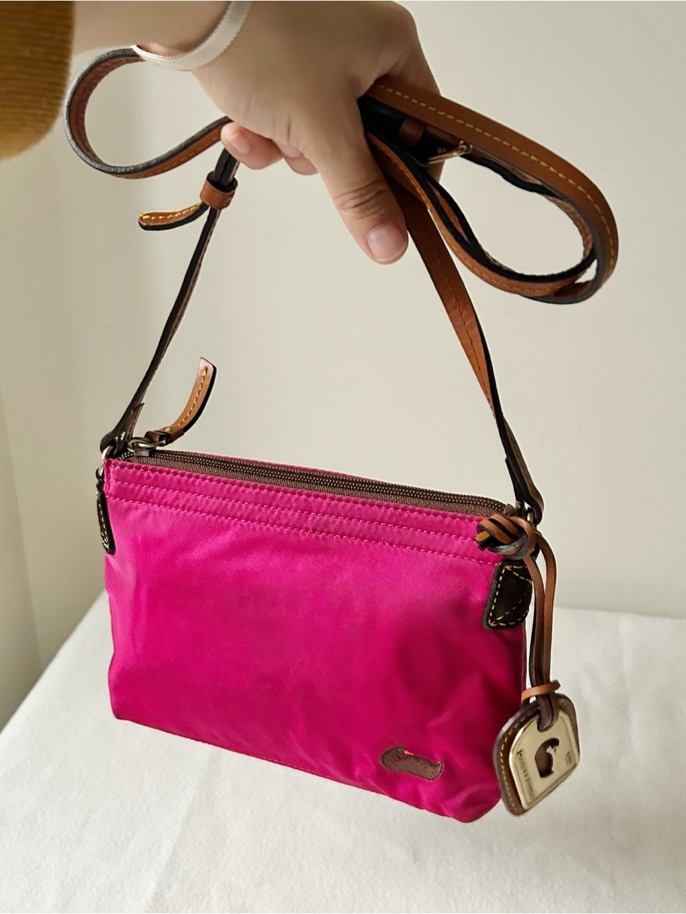 Vintage Dooney & Bourke Water Resistant Nylon and leather hot pink Crossbody bag